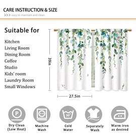 CINEKER Watercolor Sage Green Leaves Kitchen Curtains Leaf Vine Plant Bathroom Curtains Window Treatment Drapes Tier Botanical Cafe Smalll Bedroom Short French Door Curtains 2 Panels 27.5x39 Inch