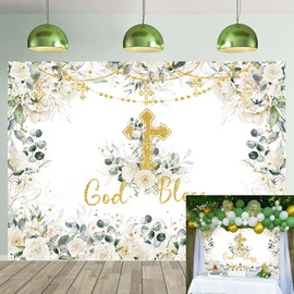 Greenery God Bless Backdrop Green and Gold Baptism Photography Backdrop First Holy Communion Party Decorations Baby Shower Background (7x5FT（210x150cm）)