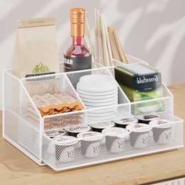 VITVITI Coffee Station Organizer for Countertop, Metal Coffee Bar Organizer Basket with Drawer, 6 Compartments Bar Station Holder for Pods Tea Bag, White