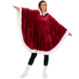 PAVILIA Wearable Blanket for Adult Women, Cozy Plush Fleece Blanket Poncho Cape with Hood, Super Soft Shawl, Angel Wrap Throw for Office, Wine Red