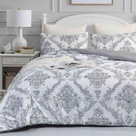 Faincy Paisley King Size Comforter Set, Grey Gray Classy Boho Damask Pattern Reversible Alternative Bedding Set - 104 x 90 in 3PCs Soft Microfiber Duvet Vintage Farmhouse Bed in a Bag for Women Men