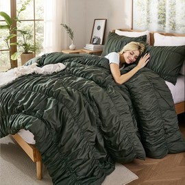 Bedbay Boho Ruched Comforter Set for King Size Bed,Dark Green Ruffle Bedding Set,3 Pcs Breathable Cotton King Comforter Bed Set,Vintage Ruffled Fluffy Quilt Comforter for All Seasons