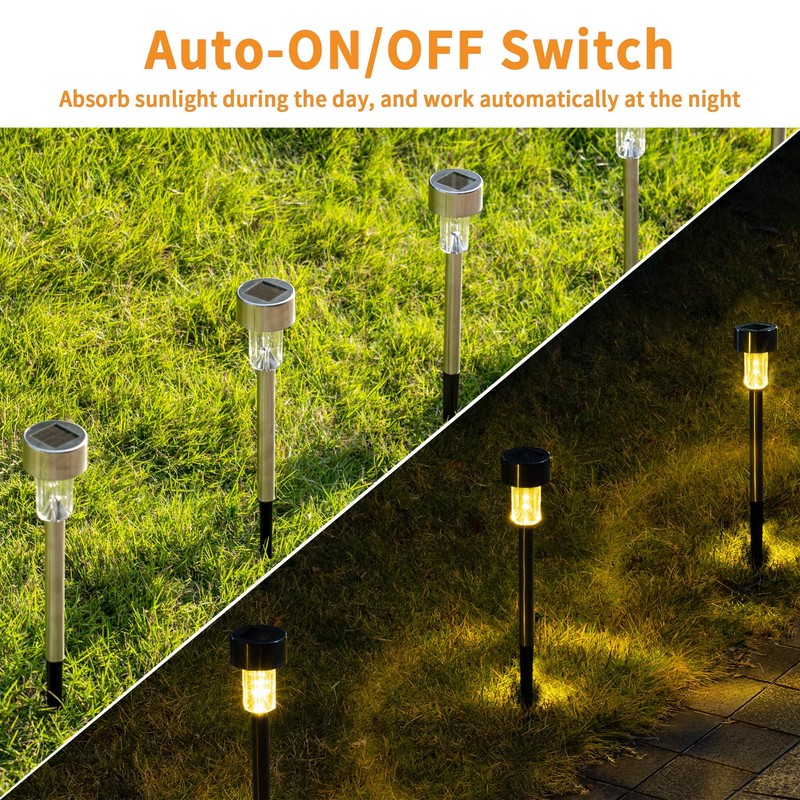 GIGALUMI Solar Pathway Lights, Stainless Steel IP44 Waterproof Auto On/Off