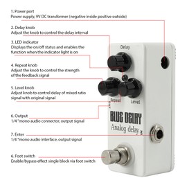 Guitar Analog Delay Pedal Electric Guitar Effects Pedal True Bypass Zinc Alloy Shell DC 9V 6.35mm Input/Output Interface Delay/Repeat/Lever 3 Knobs Mini Guitar Analog Delay Effector