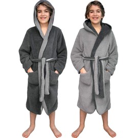 HOMELEVEL Sherpa Children's Bathrobe with Hood for Boys and Girls, Reversible Dressing Gown - 146-152