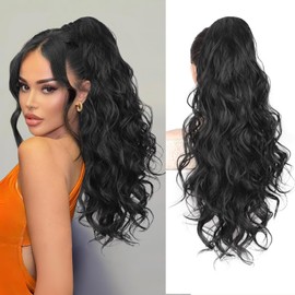 AISI BEAUTY Black Ponytail Extension, 24 inch Long Wavy Curly Claw Clip Ponytail Hair Extensions, Natural Synthetic Hairpiece for Women Daily Wear
