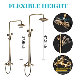 NeierThodore Antique Brass Bathroom Shower Faucet System Set 8 Inch Rainfall Shower Head Handheld Spray 2 Knobs Mixing