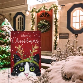 Louise Maelys Merry Christmas Garden Flag 12x18 Double Sided, Burlap Winter Christmas Black Cat Garden Yard Flags for Xmas Christmas Outside Outdoor Decoration (ONLY FLAG)