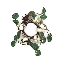 CVHOMEDECO. Primitives Rustic Cotton Pod Pip Berries and Eucalyptus Leaves with Rusty Barn Stars Wreath, 9-Inch