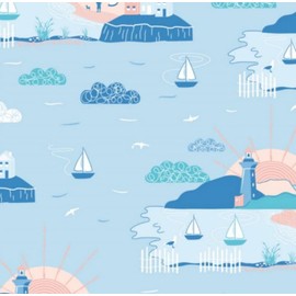 The Craft Cotton Co - by The Coast by Victoria Louise Lighthouse Nautical Seaside Cotton Fabric by 0.5Metres 44'' Wide 100% Organic Cotton Fabric Crafts, Quilting, Sewing