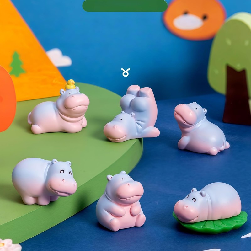 6Pcs Mini Hippopotamus Car Dashboard Figurines Self-Adhesive Cute Animal Decorations
