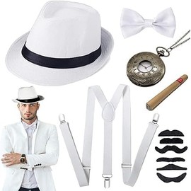 Accesorios para disfraces de hombre de los años 20, disfraz de gánster de la mafia Gatsby con sombrero de gánster panamá, tirantes, pajarita, bigote falso, reloj de bolsillo vintage para fiesta