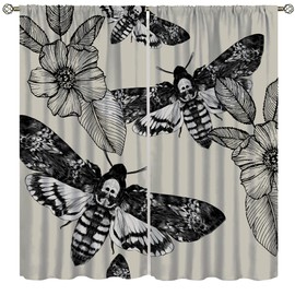 SENRUEGT Black Skull Moth Curtains,Vintage Gothic Scary Black Flower Botany Leaves Mysterious Butterfly Teenagers Children Boys Bedroom Living Room Window Drapes 42x45 Inch