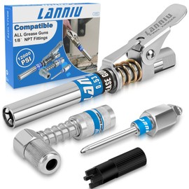 LANNIU Grease Gun Coupler Kit - 12000 PSI Strong Lock Grease Coupler with 90 Degree Grease Coupler Adapter & Grease Needle Tip, Heavy Duty Lubrication Grease Gun Tips for All 1/8'' NPT Fittings