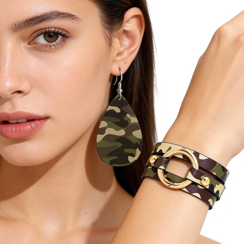 Bmpzery Camo Earrings for Women & Men, Camouflage Bracelet &
