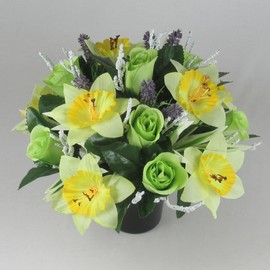 Just Because Flowers Spring Artificial/Silk Flower Arrangement in Grave Pot, with Rosebuds, Daffodils and Lavender
