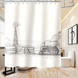 Sketch Rustic Shower Curtain Farmland Farmhouse Tractors Wooden Fence Theme for Kids Bathroom Decor Cloth Fabric Sets with Hooks Waterproof Washable 72 x 72 Inches Black and White