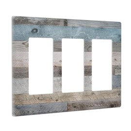 Sghxwp Rustic Blue Teal Gray Wood Plank Triple Rocker Outlet Covers Faceplate Decorative Wall Plate Vintage Barn Door 3 Gang Light Switch Covers Gfci Electrical Switchplate for Farm Bathroom Decor
