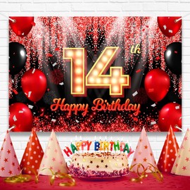 Happy 14th Birthday Backdrop Banner Black and Red Theme Background with Neon Shiny Fashion Birthday Party Photo Photography Prop Booth Background for Boys Girls Celebration 70.8x47.2in-BECKTEN