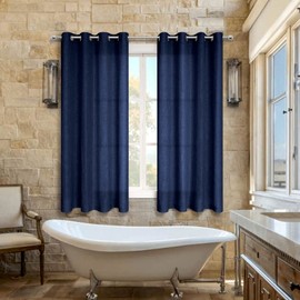 Navy Blue Curtains for Kitchen Door Window Bathroom 45 Inch Length 2 Panels Linen Cafe Size Semi Sheer Tier Curtains for Bedroom Window Dark Blue