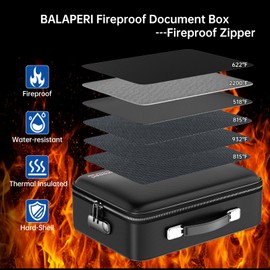 BALAPERI Fireproof File Organizer with Fireproof Zipper,Fireproof Document Box Hard Case with Lock,Portable Document Safe for Important Document Laptop Valuables(Black,15.8"x4.8"x12.6")