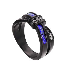 Anillo de compromiso con diamantes de imitación de circonita roja con diseño de cinturón chapado en oro negro para mujer, Metal diamantes de imitación Metal, circonita