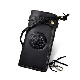Le'aokuu Men's Genuine Leather Wallet Organiser Double Checkbook Wallet Pattern Commercial Wallet 3377, 3377 B Dragon Black, M, Classic