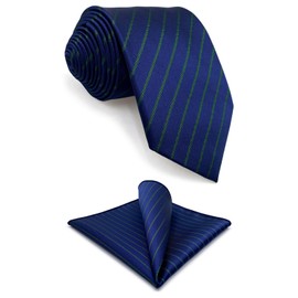 S&W SHLAX&WING Mens Tie Navy Royal Blue Green Striped Tie and Pocket Square Formal XL Extra Long, Extra long tie 160 cm x 8.9 cm + pocket handkerchief