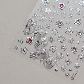 Star Nail Art Stickers Decals Silvery Star Nail Design Stickers with Rhinestone Design Silvery Self Adhesive Nail Decals for Women DIY Manicure Decoration Supplies 1 Sheet