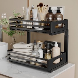 Under Sink Organizer, 2 Tier Under Sink Organizers and Storage, Adjustable Height, Slide out Metal Cabinet Organizers, Pull out Cabinet Storage Drawer Shelf for Kitchen Bathroom