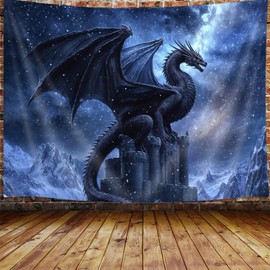JAWO Fantasy Dragon Tapestry, Cool Animal Castle Blue Galaxy Tapestry Wall Hanging for Boys Men Bedroom, Tapestries Poster Blanket College Dorm Home Decor 60X40Inches