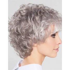 Short Grey Curly Wigs for White Women Sliver Gray Synthetic Wig with Bangs Full Puffy Curly Grey Short Wig