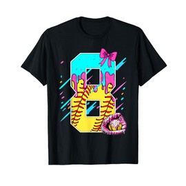 8th Birthday Softball Ice Cream Drip Bow 8 Years Kids Gift T-Shirt