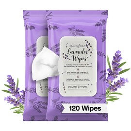 BeautyFrizz Lavender Face Wipes - 120 pcs - Gentle Makeup Remover Wipes for Women - Facial Cleansing Wipe with Aloe, Castor, Vitamin A and E - Extra Soft - Moisturizing