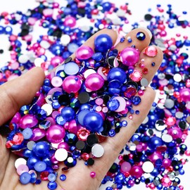 Towenm Perlas y diamantes de imitación de 60 g, diamantes de imitación mezclados de 2 a 10 mm para manualidades, vasos, zapatos, uñas, arte facial, con bolígrafo recogedor, azul, rosa, rosa intenso