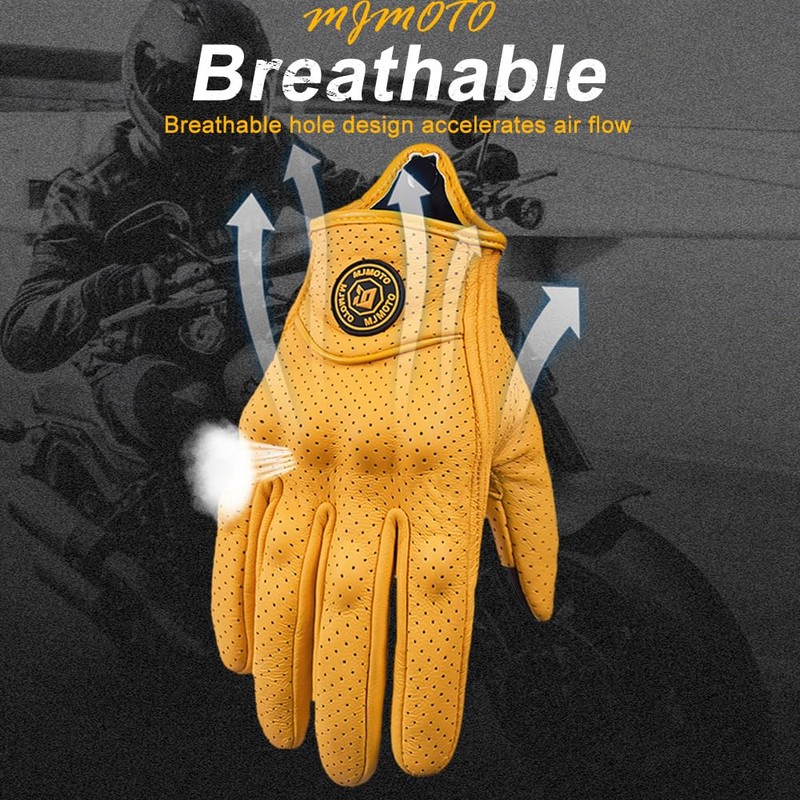 mjmoto Yellow Classic Goat Leather Motorcycle Gloves with Hole Summer