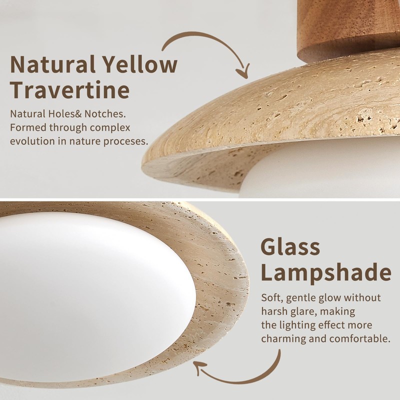 9.8'' Yellow Travertine Flush Mount Ceiling Lamp with Wood Base