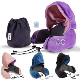 AVORR 2-in-1 Memory Foam Pillows with Reversible Cover and Hood for Neck Support During Travel (Pink/Purple Lilac)