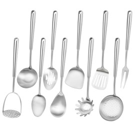 304 Stainless Steel Cooking Utensils Set, 10pcs Long Metal Kitchen Utensils Set Come with Spoon, Potato Press, Spatula, Ladle, Skimmer, Turner, Pasta Server