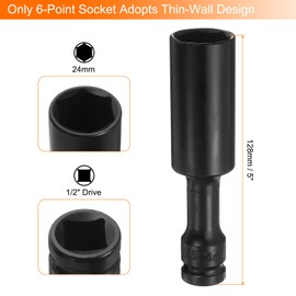 QUARKZMAN Deep Thin Wall Impact Socket 24 mm Metric 6 Point Socket 1/2 Inch Square Drive 5 Inch Extra Long Phosphated CR-V Steel Industrial Grade Spindle Axle Nut Socket, Black