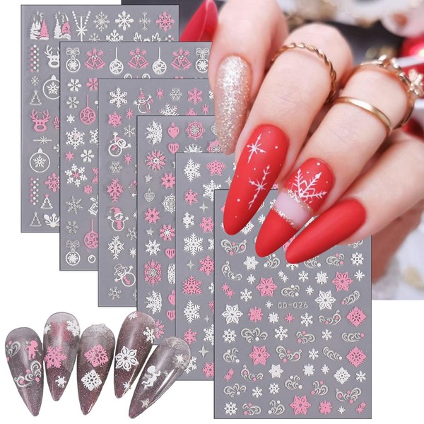 6 Sheets 3D Pink White Snowflake Christmas Glitter Nail Art