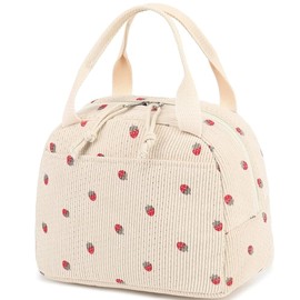 Moguri Lunch Bag for Women Men Cute Corduroy Lunch Tote Bags Reusable Insulated Lunch Box Large Capacity Reusable Corduroy Strawberry