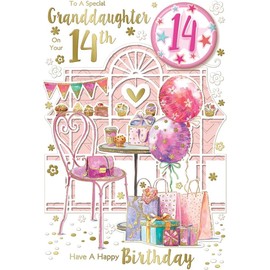 Granddaughter 14th Birthday Card & Badge - Age 14 Table Chair Balloons 9x6"