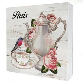 Vintage Bird Teacup and Roses Wooden Box Sign Desk Decor Rustic Cottage Style Wood Block Plaque Box Sign for Home Living Room Shelf Table Decoration (5 X 5 Inch)