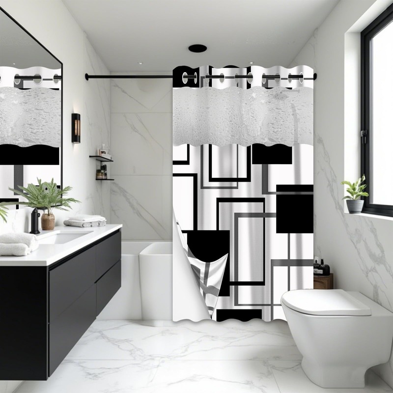 Black and White Hookless Shower Curtain with Snap in Liner,