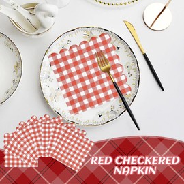 Uwiyo 100 Stück Servietten, 3-lagig 25x25cm Salbeigrün Servietten Gingham Papier Party Servietten Einweg-Papier Gewellt Papierservietten für Hochzeit Gartenparty Geburtstag Party (Rot Gingham)