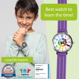 KIDDUS Analogue Watch with Time Learning Exercises, Learning Watch for Kids, Boys, Easy to Read and Learn to Read, English Purple, Time Teacher