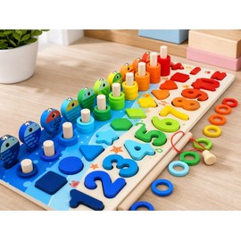 Toolzia Montessori Wooden Math Puzzle Fishing Game