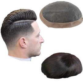 European human hair mens toupee Mono base with NPU around human hair replacement system 8x10" Straight hair pieces for men #1b Off black