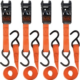 BLACK+DECKER BD1005 Black/Orange 1" x 10' Ratchet Tie Down Straps - 300 lb Safe Working Load / 900 lb Break Strength, 4 Pack